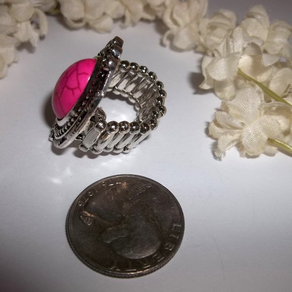 Pink and Silver Adjustable Ring Stretch Size Barbiecore Style Statement A950 - Picture 3 of 6